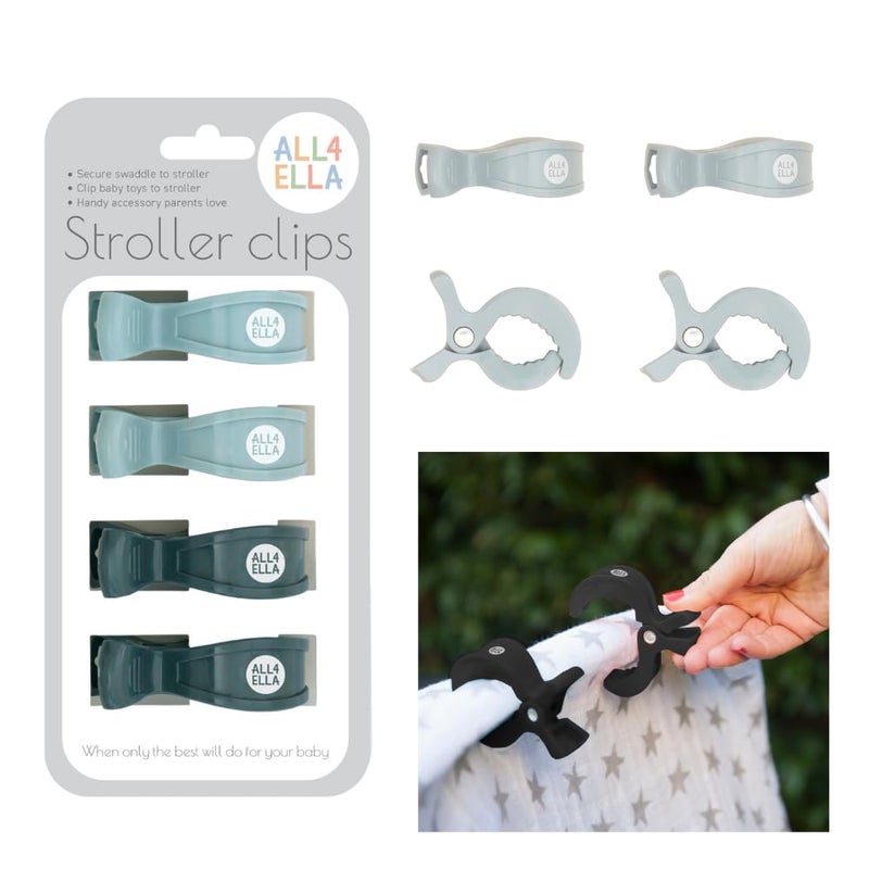 All4Ella Baby Blanket Stroller Clips (4 Pack) | Hooks Muslin to Stroller | Australian Baby Product | Infant/Toddler | Charcoal/Sage - Image 1